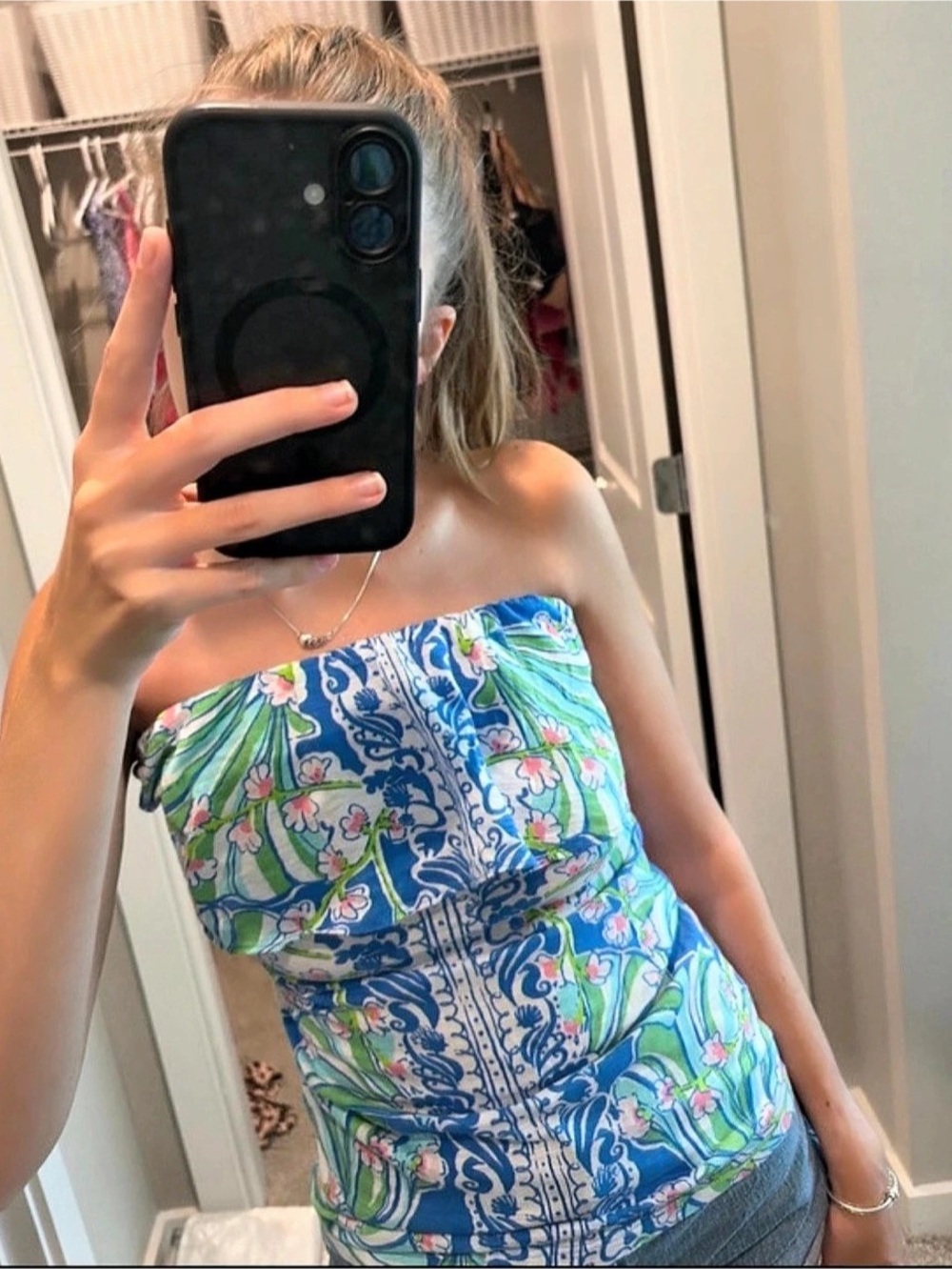 Lilly Pulitzer Floral Strapless Top in Blue & Green